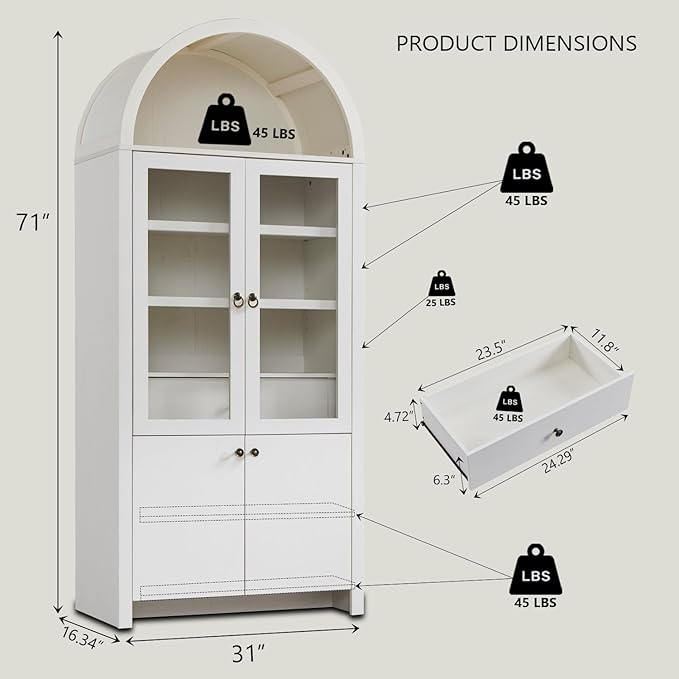71" Tall Arched Kitchen Pantry Cabinet, Modern Farmhouse Kitchen Storage Cabinets with Open & Adjustable Shelves, Hidden Drawer & Glass Door, Versatile Cupboard for Kitchens, Dining Room, White