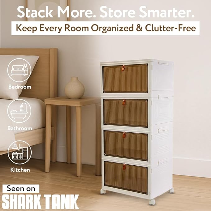 Quik Box Sport 6 Gallon 4 tier Stackable Storage Bins with Magnetic Door, Collapsible Organizer Foldable Container, for Bedroom Living Room Neat, Tidy Dorms and Organized Homes, Boxes