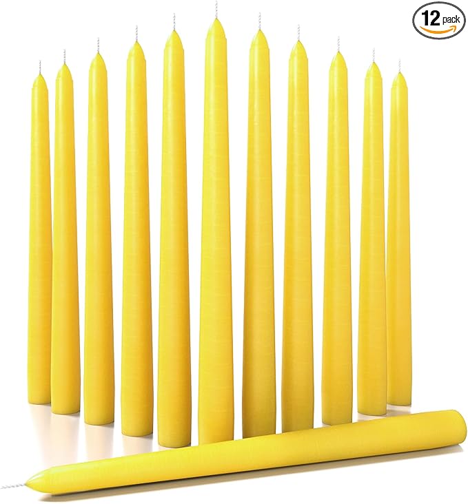 CANDWAX 10 inch Yellow Taper Candles Set of 12 - Unscented Smokeless Dripless Yellow Candles - Perfect for Home Décor, Special Occasions and Ordinary Dinners - Easter Candlesticks