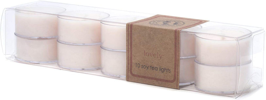 ECO CANDLE CO. Tea Light Candles, Lovely, 10-Pack - Scents of Lavender, Rosewood, Orchid, Bergamot, Cedarwood, & Musk - Recyclable Plastic Cups, 100% Soy Wax, No Lead, Hand Made, .6 oz. Each