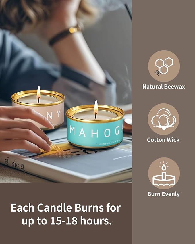 Scented Candles Gift Set, Natural Beeswax Aromatherapy Candles for Valentine's Day, Birthday, Christmas, Holiday Gift Ideas for Women, Small Portable Tin Travel, 6-Pack Variety Luxury Home Scents