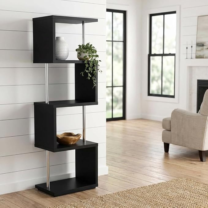 Furnifact Black Bookshelf with 4 Shelves, Contemporary Style, Tipover Restraint, Sturdy Construction, Modern Design for Living Room and Office