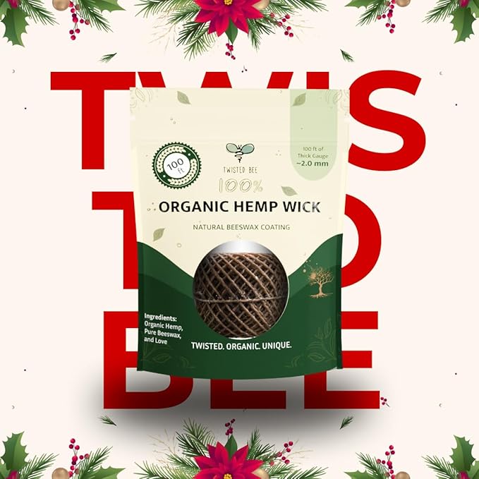 100% Organic Hemp Wick with Natural Beeswax Coating, Twisted Bee (100ft x Thick (~2 mm))