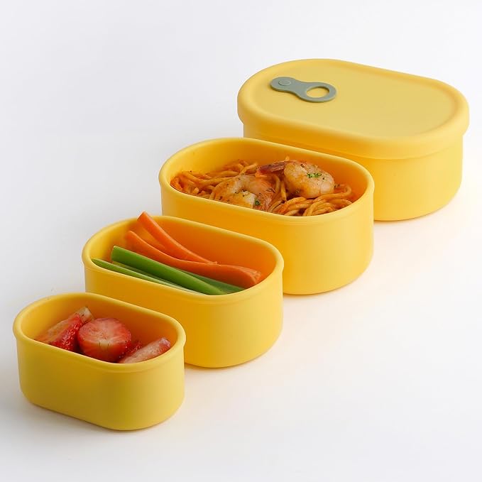 Premium Korean-Made Silicone Airtight Food Container with Steam Vent – BPA Free, Leakproof, Microwave & Freezer Safe Meal Prep. & Leftovers Storage (Mango Yellow, 4p Multi-Size Set)