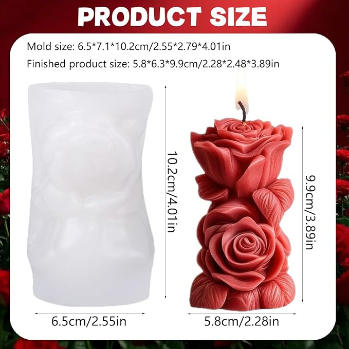 Rose Pillar Candle Silicone Molds Valentine 3D Rose Pillar Bouquet Soap Mold Flower Resin Concrete Mould DIY Mold for Valentines Anniversary Wedding Halloween Party Table Home Décor