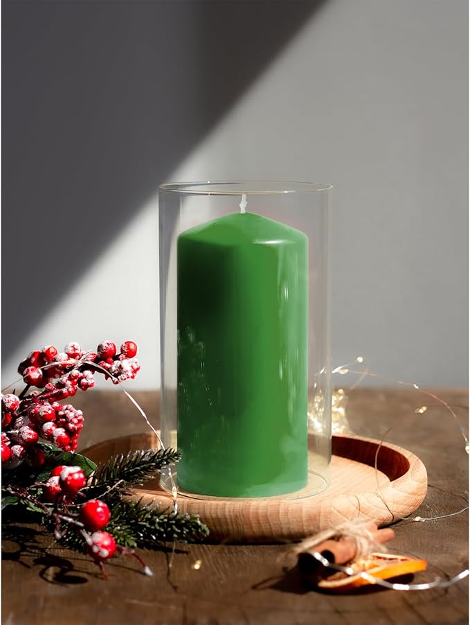 Candwax Green Pillar Candles Set of 3 - Perfect as Christmas Centerpiece Table Decorations - 80-Hour Burn Time Self-Extinguishing Candles for Home Decor - Cone-Top Grass Green Pillar Candles 3x6