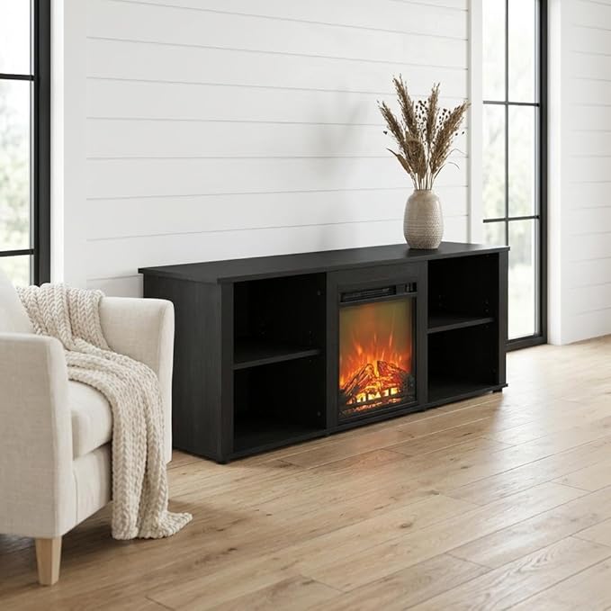 Furnifact Americano Wood TV Stand with Fireplace, 70 Inch Wide Modern Media Console with Durable Construction and Stylish Living Room Design