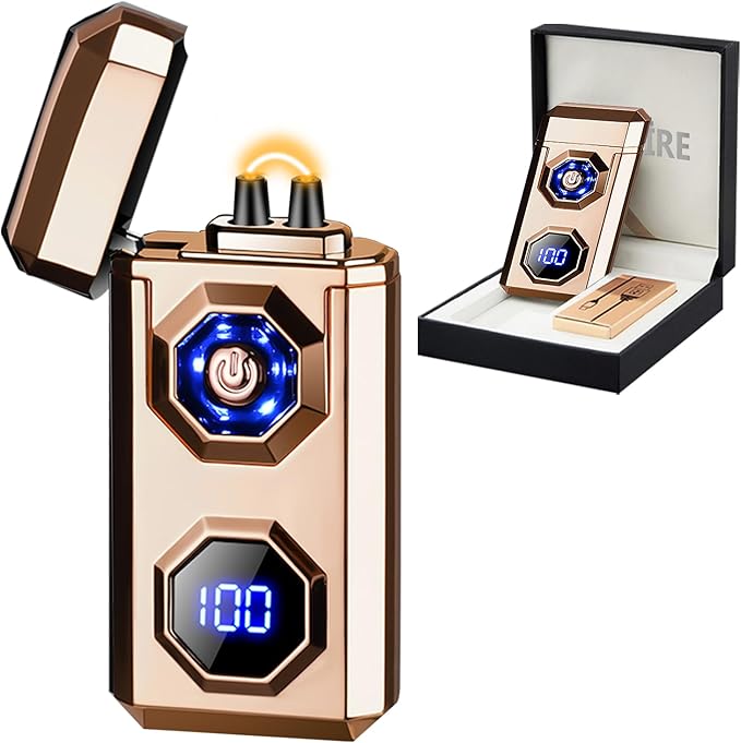 SKRFIRE Electric Rechargeable USB C Arc Plasma Lighter High Power Flame Cool Windproof Electronic Candle Lighters with LED Flashlight for Candle, Firework, Incense (Gold)