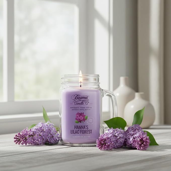 Hanna’s Lilac Forest Candle – Odor Eliminating, Strong Scent – Fresh Lilac Flowers – Long Lasting 90 Hour Burn – Large 12oz Mason Jar – Made in USA – Beamer Candle Co.