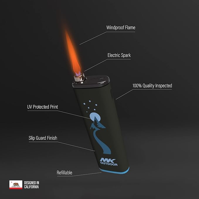 MK Lighter Outdoor Series Alpine Set 5-Pack Assorted Design Multipurpose Refillable, Windproof Flame, Slip Guard Candle & BBQ, Prepping & Camping Supplies, Survival Lighters (OUTDOORSMEN)