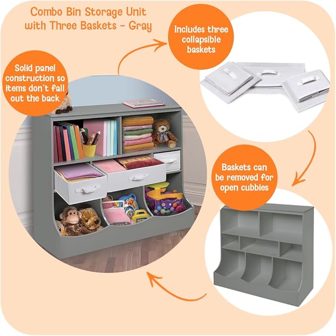 Badger Basket Combo Toy Storage Organizer and Bookshelf - Kids Storage Unit with 3 Removable Baskets, Open Shelves, Top Display Surface - Gray Cloud
