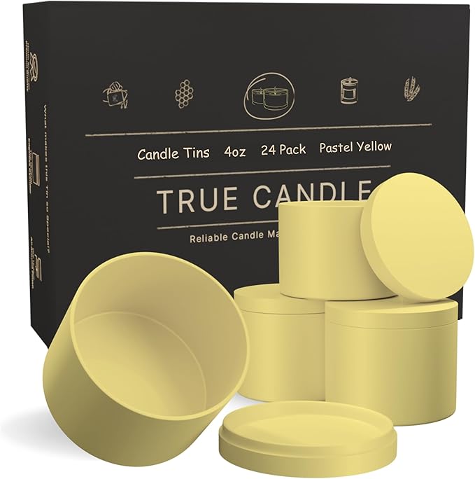 True Candle Tins for Making Candles - 24 Pack of 4 oz Black Candle Containers Bulk 4oz - Empty tins with lids for Candles - Premium Metal Jars, DIY Vessels | Painted Outside and Inside | Yellow