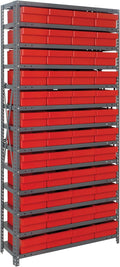 Quantum 1275-701RD Heavy Duty Shelving Unit with (13) Shelves and (48) QED701 Red Bins for Garage Warehouse Storage Distribution | 400 lb Load Capacity | 12"D x 36"L x 75"H, Galvanized Carbon Steel