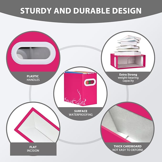 Hanging File Organizer Box, 3 Pack Pink Cardboard File Folder Holder for Letter Size, Portable Desk Document Storage with Handles, for Office,Home,School