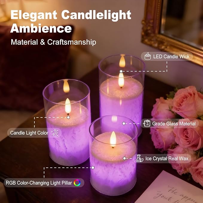 Rechargeable Ice Crystal Glass Flameless Candles, RGB Color Changing Realistic Flickering Flameless Candles with Remote & Timer,Best Festival Wedding Home Party Decor - Set of 3