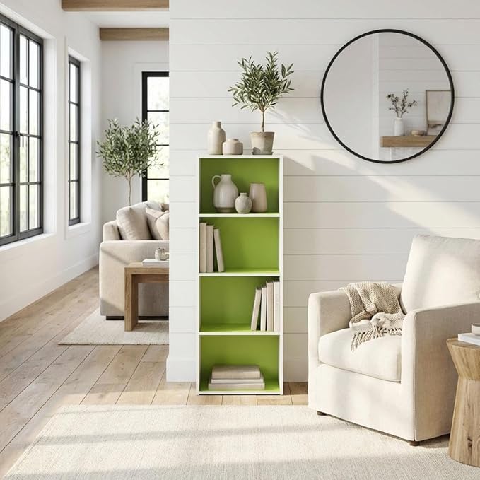 Furnifact Green White 4-Tier Open Shelf Bookcase, Wooden Construction, Stylish Modern Design, Durable, Home Office and Living Room Storage