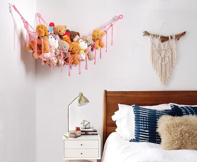 YKBU Stuffed Animals Hammock Corner Hanging Net Macrame Stuffed Animal Storage Plush Toy Holder Toy Organizer for Boho Nursery Playroom Bedroom Kids Room (pink, m)