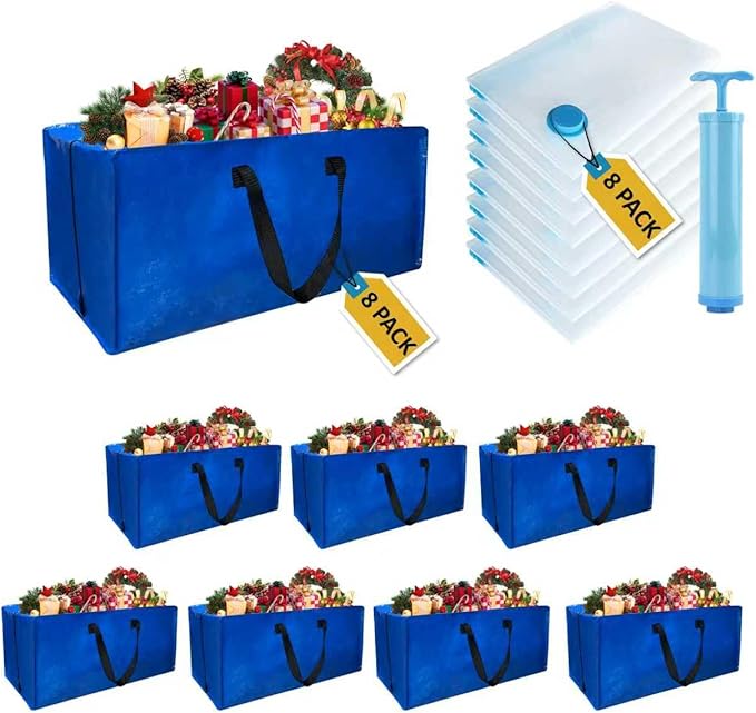 8 Pack Heavy Duty Extra Large Moving Bags with Backpack Straps & Large Vacuum Storage Bags Moving Supply Combo, Moving Totes with Handles & Zippers for Space Saving, Fold Flat, Includes Vacuum Bags