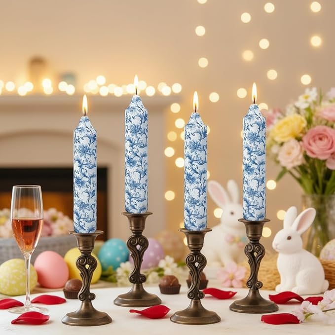 7 Inch Blue and White Tapered Candles Short Floral Candle Sticks Hand Poured Unscented Smokeless Clean Burning Candles for Dining Table Everyday Meals Family Dinner Elegance