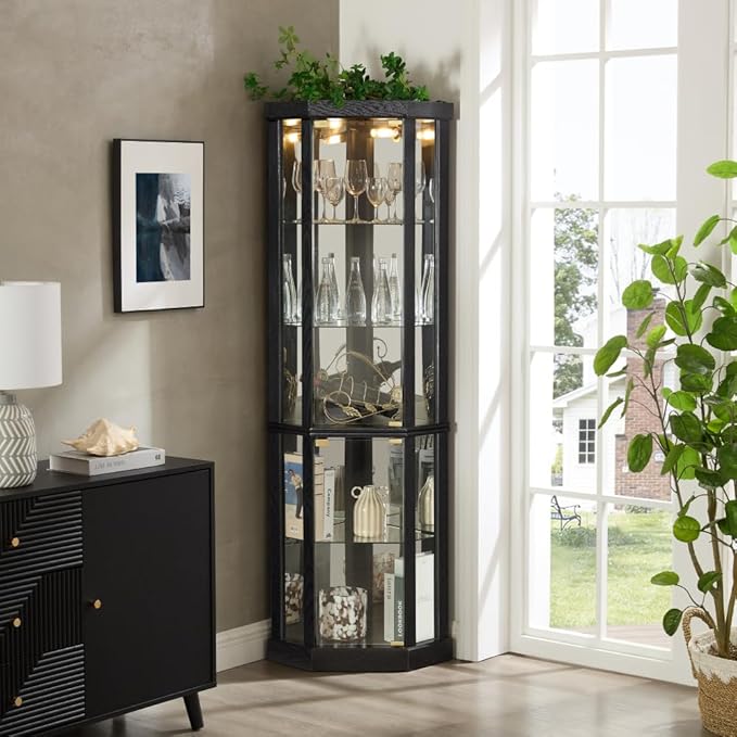 Corner Lighted Glass Curio Cabinet for Living Room Space Saving Vertical Tall Display Case with Light for Antique Wine Bar Glass Storage (Black)