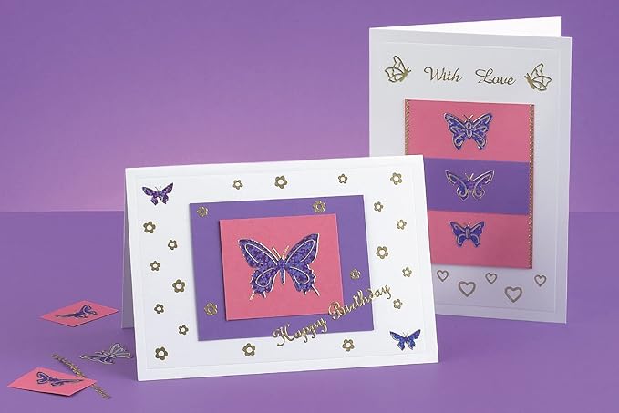 Card Making Butterflies Mini Kit, Starter Hobby Set, Unique Gift Idea with 6 Cards and Envelopes, Peel Off Motifs and Greetings, PVA Glue and Patterns, for Birthdays, Invitations