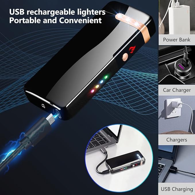 GADATOP Flame Arc Plasma Lighter,Electric Lighters, USB Rechargeable Electric Lighters Windproof Waterproof Lighter with LED Battery Indicator (Black)