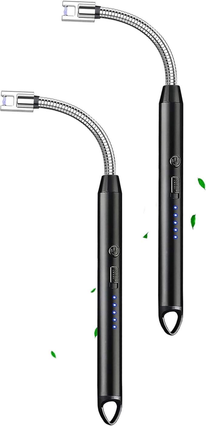 ELCELC 2 Pack Electric Candle Lighter Plasma Flameless Arc Windproof 360° Long Neck Flexible with LED Power Display Lighters for Candle for BBQ, Grill, Camping, Fireplace, Stove