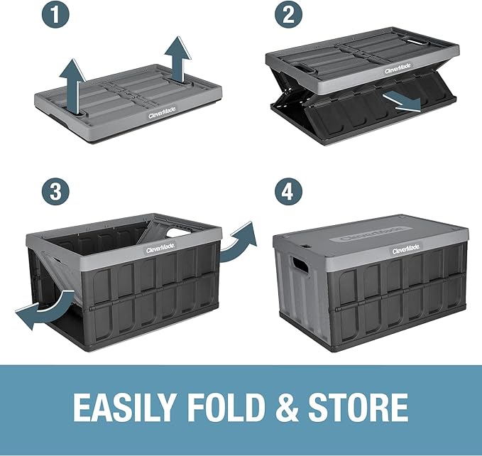 CleverMade Collapsible Storage Bins with Lids (46L, 3 Pack) – Stackable Foldable Plastic Storage Crates for Home, Closet & Trunk Organization - Stone