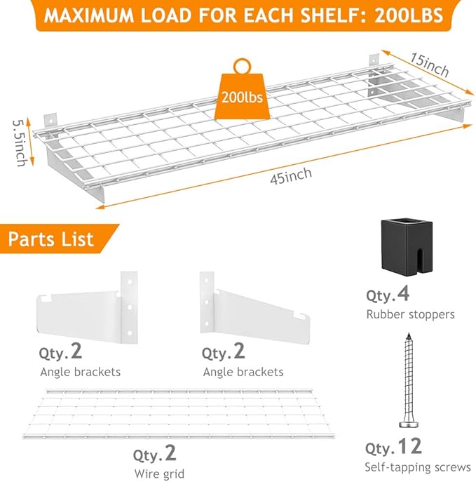 Wallmaster 2-Pack 15x45 Heavy Duty Garage Wall Shelving 45-inch-by-15-inch Wall Mount Garage Storage Rack Floating Shelves Max Load 400lb White