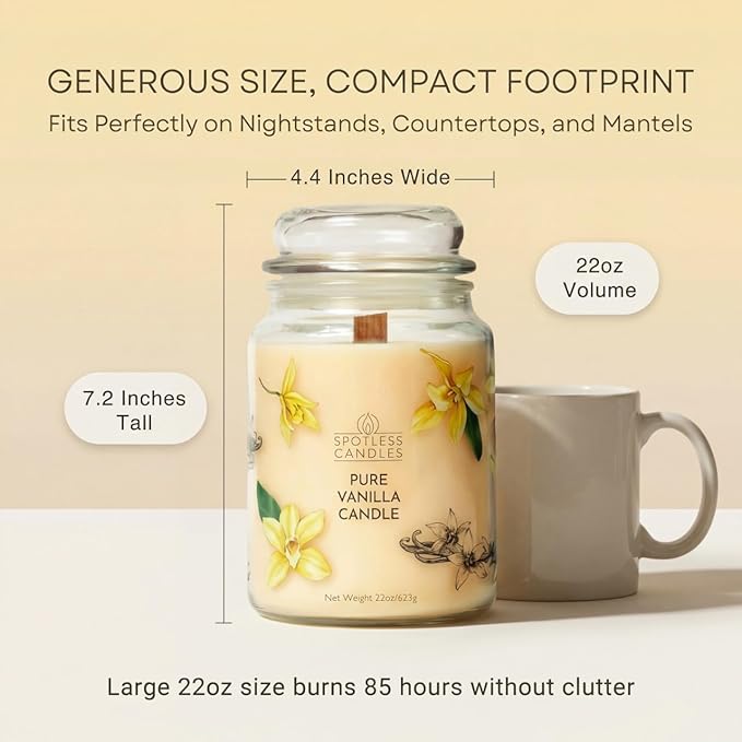 Pure Vanilla Scented Candle 22oz – 80-85 Hour Burn Time, Wooden Wick, Large Glass Jar with Lid, Warm Cozy Fragrance for Home Relaxation & Gift by Spotless Leopard