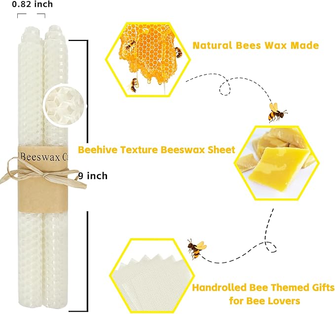 Lacaser Natural Beeswax Taper Candles Bulk Set, 9" Long Candlesticks, Dripless & Unscented, 4 Hour Burn Time, 12 Pack in White