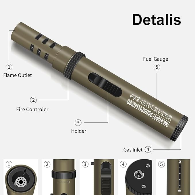 Camping Lighter, Torch Lighter, Windproof Jet Flame Butane Refillable Adjustable Flame with Safety Lock&Fule Guage for Campfires Kitchen Hiking Candles Fireplace BBQ Outdoor Camping Essentials(Brown)