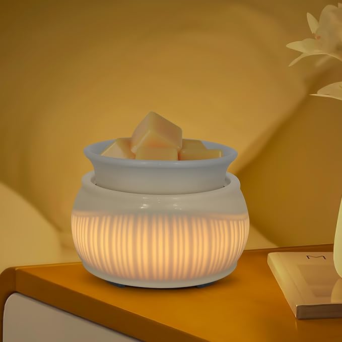 Ceramic Wax Melt Warmer for Scented Wax Warmer with 7 Colors LED Ambiance Light 3-in-1 Electric Fragrance Candle Burner for Home Office Deco Birthday Gifts for Women Girl Mom Daughter (White-02)
