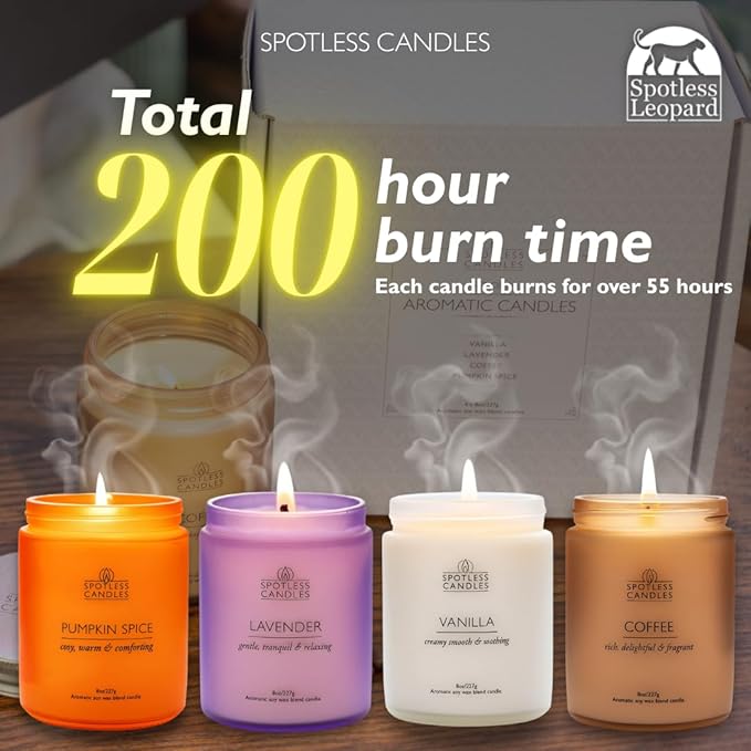 Candles for Women - 4 x 8oz Coloured Glass Jars 3" x4 Mixed Set of Classic Scents Pumpkin Spice, Coffee, Vanilla, Lavender 200 Hours Burn Time, Classic Candle Set for Men & Women by Spotless Leopard