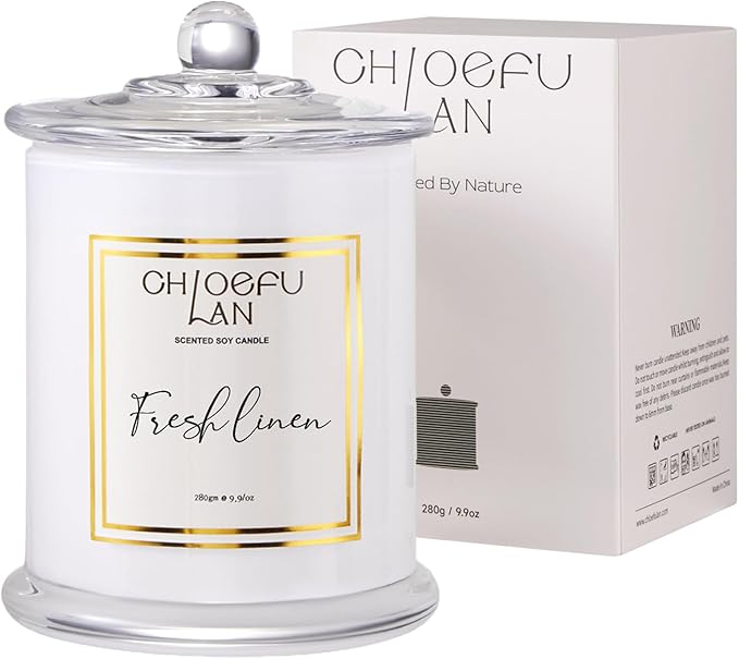 Chloefu LAN White Linen Candles, Luxury Scented Soy Jar Bathroom Candle, Highly Fragranced, Odor Eliminating Candles for Home, Air Freshing Soy Candle, White Glass Jar, Essential Oils, 75 Hours 10 oz