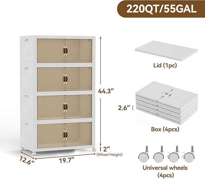SAILUN 190QT/47Gal Stackable Storage Bins with a Lid, Collapsible Storage Bins With Doors, Folding Cabinet for Home Closet Organization,4 Pack-19.7" W x 12.6" D x 44.3" H White