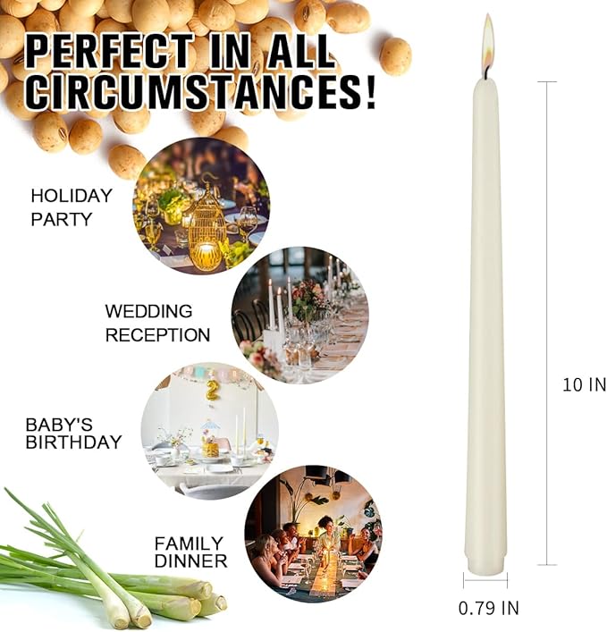 Ivory Taper Candles, Set of 24 Unscented and Smokeless 10 Inch Taper Candles Long Burning, Paraffin Wax with Cotton Wicks for Burning Approxinately 7-8 Hours Time