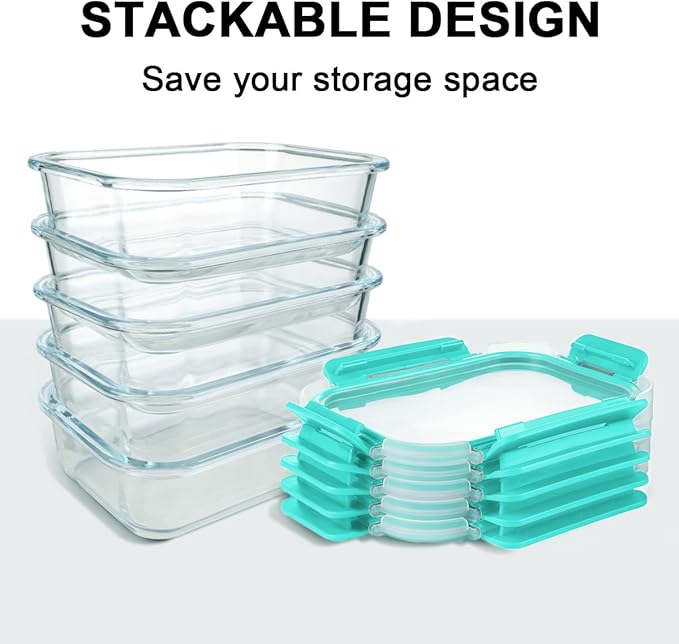 KAMOTA Glass Food Storage Containers, 10 Pack Glass Meal Prep Containers, Airtight Containers with Snap-Lock Lids, 22 oz Green Container Set with Lids, for Microwave/Oven/Freezer/Dishwasher