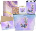 Personalized Gifts Monogrammed Birthday Gifts for Women, Maid of Honor Bachelorette Wedding Christmas Initial Wine Tumbler Makeup Bag Scented Candle Bracelet Set, (Aesthetic Purple Flower J)