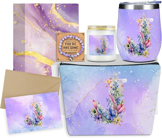 Personalized Gifts Monogrammed Birthday Gifts for Women, Maid of Honor Bachelorette Wedding Christmas Initial Wine Tumbler Makeup Bag Scented Candle Bracelet Set, (Aesthetic Purple Flower J)