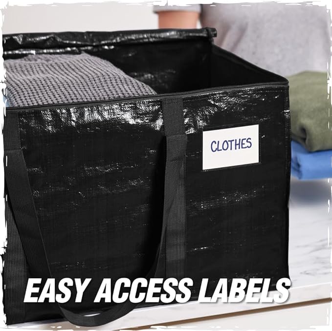 RUGGED RHINO 6 Pack Heavy Duty Extra Large Moving Bags, Durable Bag with Strong Handles and Zipper, Moving Boxes Alternative for College Packing, Holiday Décor, Space Saving Storage with Label, Black