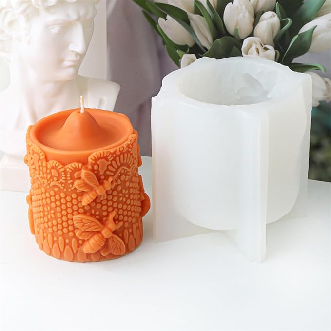 Bee Lace Trim Cylinder Candle Mold, Honeybee Beehive Pillar Silicone Mold for Beeswax Candle, Soy Wax Candle, Plaster Ornament, DIY Crafts (I)