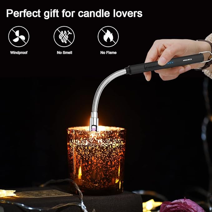 ARECTECH Electric Arc Candle Lighter Flameless Rechargeable USB Long Lighters for Candle Cooking BBQs Fireworks Black