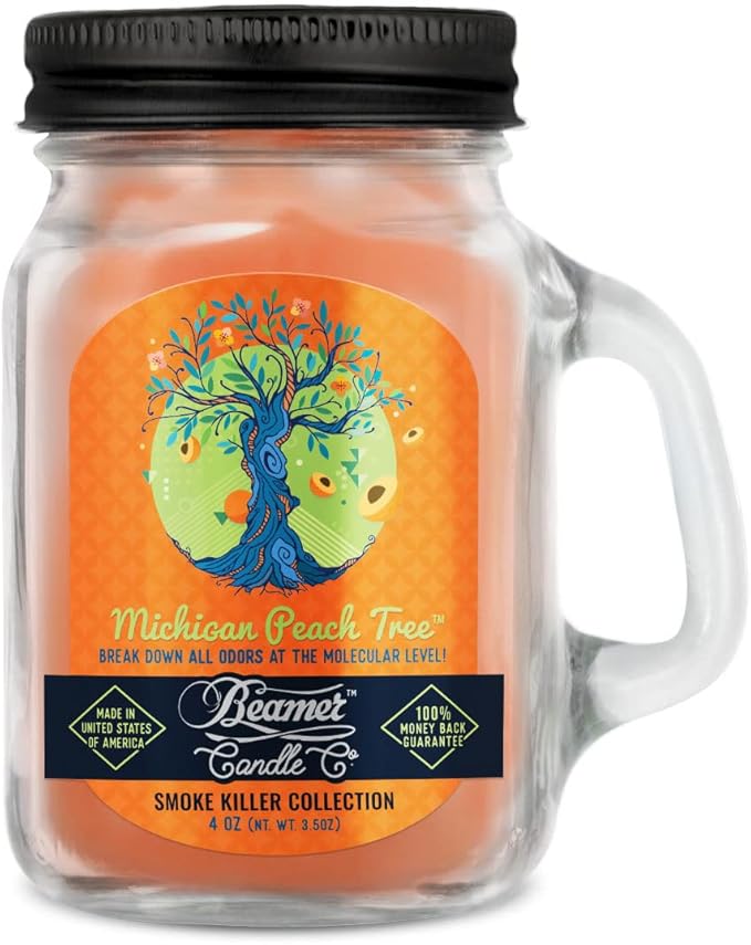 Beamer Candle Co. - Michigan Peach Tree Candle – Sweet Juicy Peach & Orchard Scent – Georgia Peach, Geranium, Bergamot - Odor Eliminating - High Fragrance - Small 4oz Mason Jar - 22 Hour Burn Time