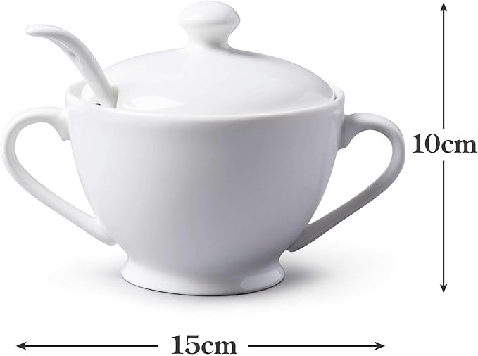 WM Bartleet & Sons 1750 Traditional Porcelain Sugar Bowl with Lid & Spoon – White