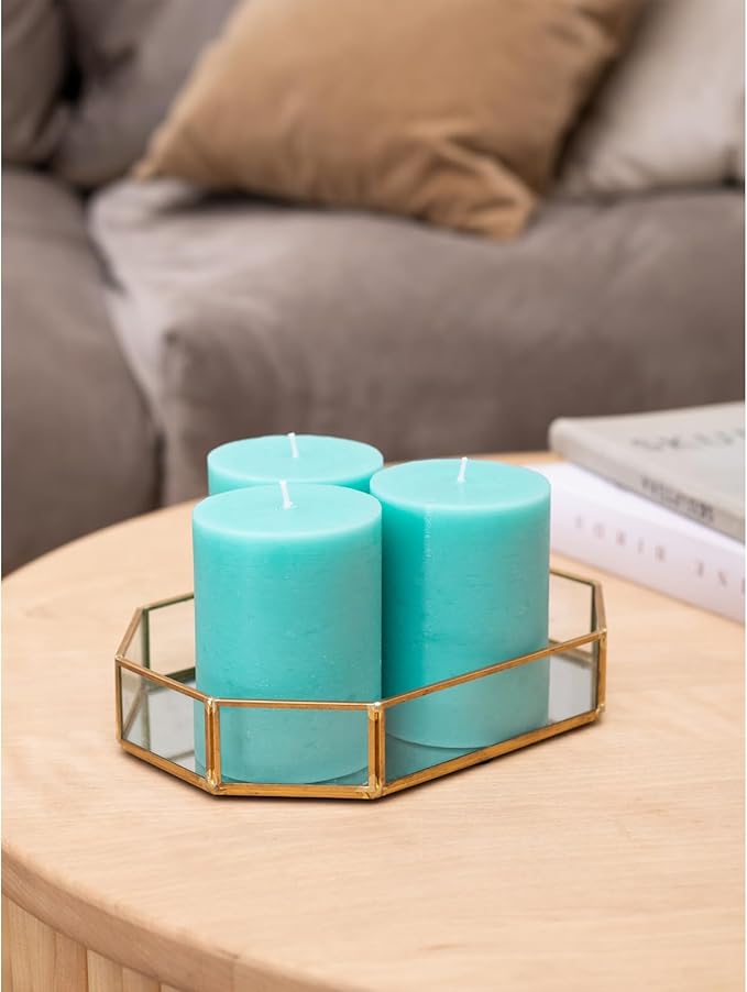 CANDWAX 3x4 inch Pillar Candles Set of 3 – Unscented Dripless Rustic Turquoise Candles for Home Styling, Weddings, Events