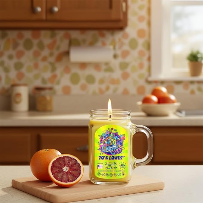 70’s Lovin’ Candle – Strong Scent – Blood Orange with Sweet Citrus – Long Lasting 90 Hour Burn – Large 12oz Mason Jar – Made in USA – Beamer Candle Co.