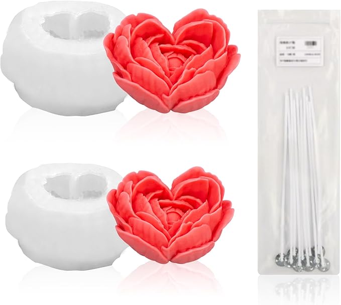 2Pcs Heart Flower Candle Wax molds Silicone Shapes for Candle Making Valentine Day Large Flower Candle Making Valentine Silicone Wax Mold for Candles moldes de silicona para velas