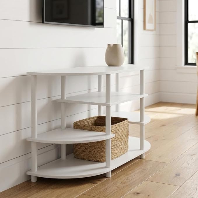 Furnifact White Corner TV Stand, Modern Living Room Media Console with Rubberwood Solids and Walnut Veneer Construction, Durable Wood Storage Solution
