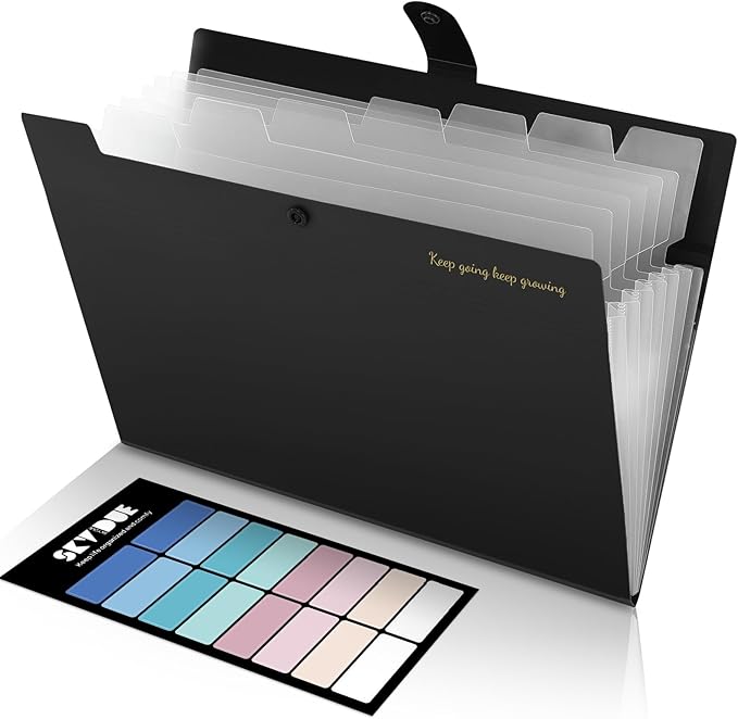 SKYDUE Accordion File Organizer, Expanding File Folder with 8 Pockets, Portable Document Paper Receipt Organizer, Letter/A4 Size Filing Folder School Office Supplies Black